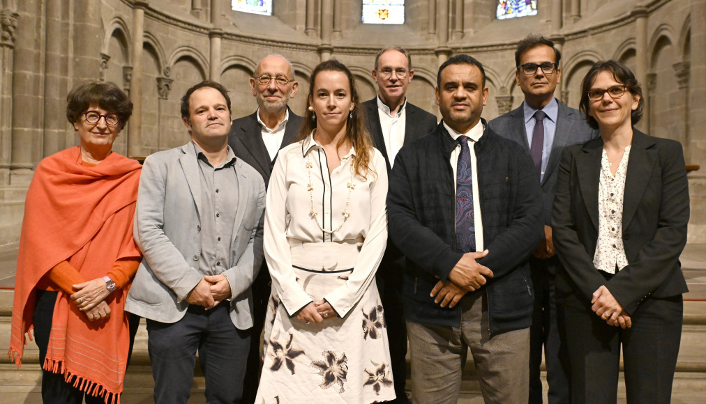 De gauche à droite: Catherine Riedlinger, Alexandre Winter, François Garaï, la musicienne Lorianne Cherpillod, Jean Lanoy, Mohamed Levrak, Ventzeslav Sabev, vice-président de l’Appel spirituel de Genève, et Agnès Krüzsely. / © Alain Grosclaude